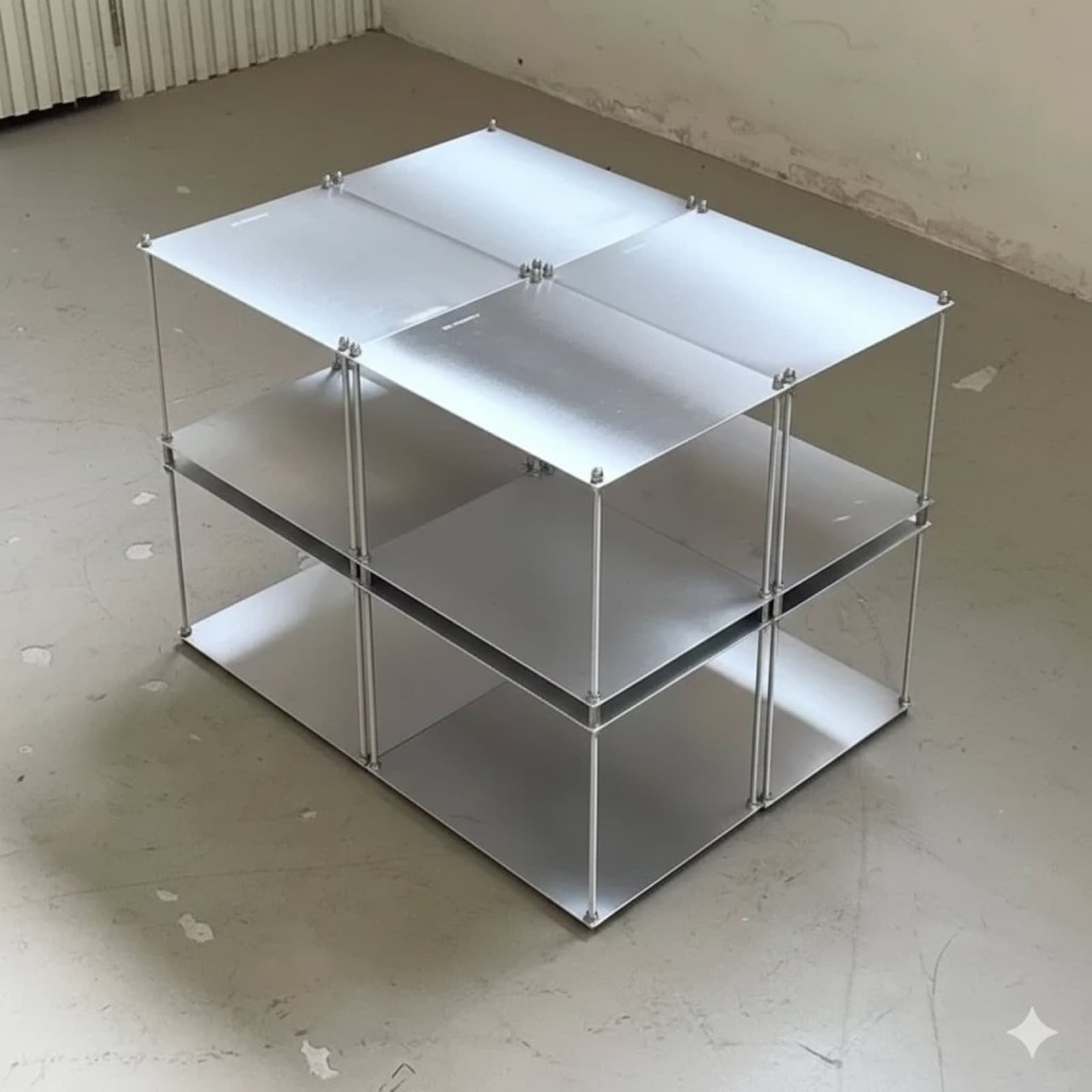 A brushed steel shelving unit in a bright space