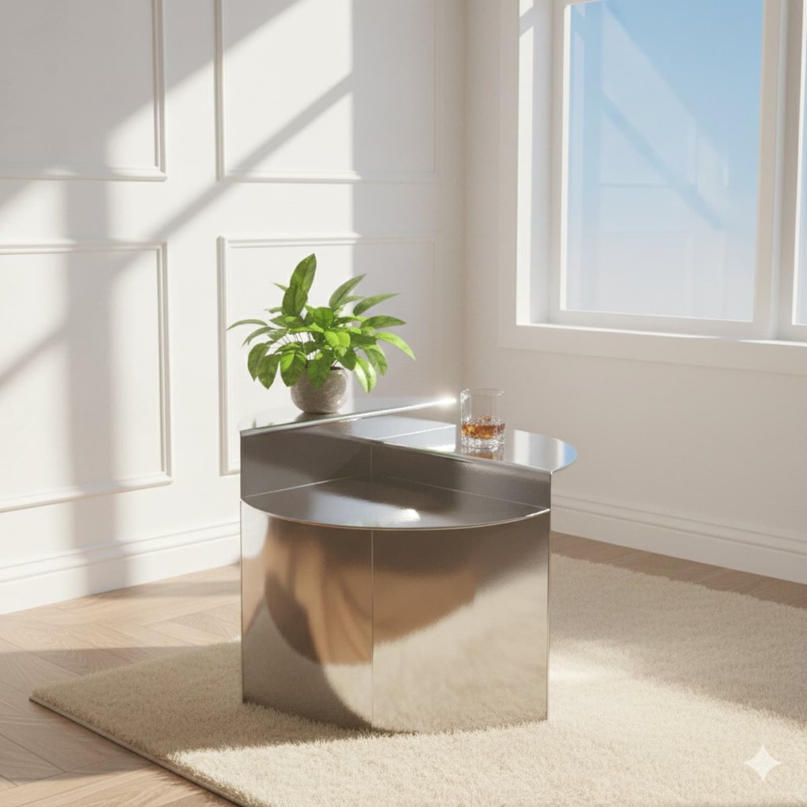 A mirror-polished side table in a styled interior