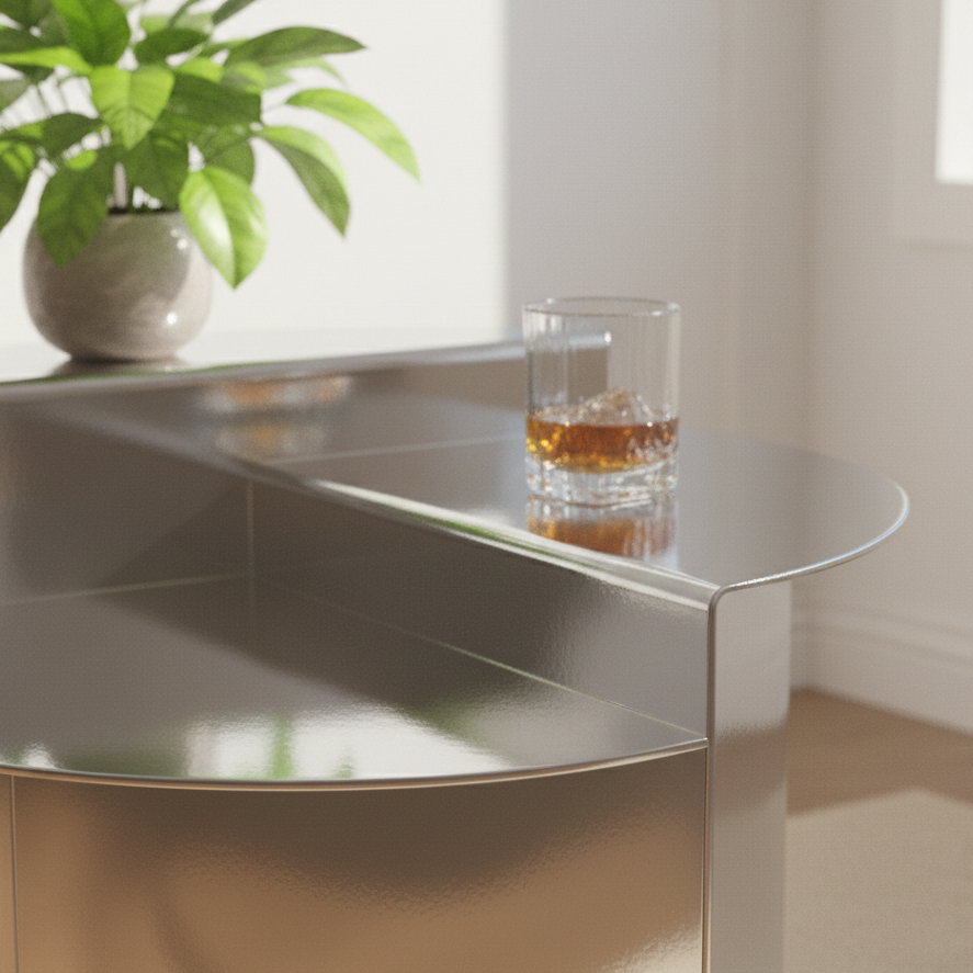 Glass table with a glass of whiskey and a plant in a bright room