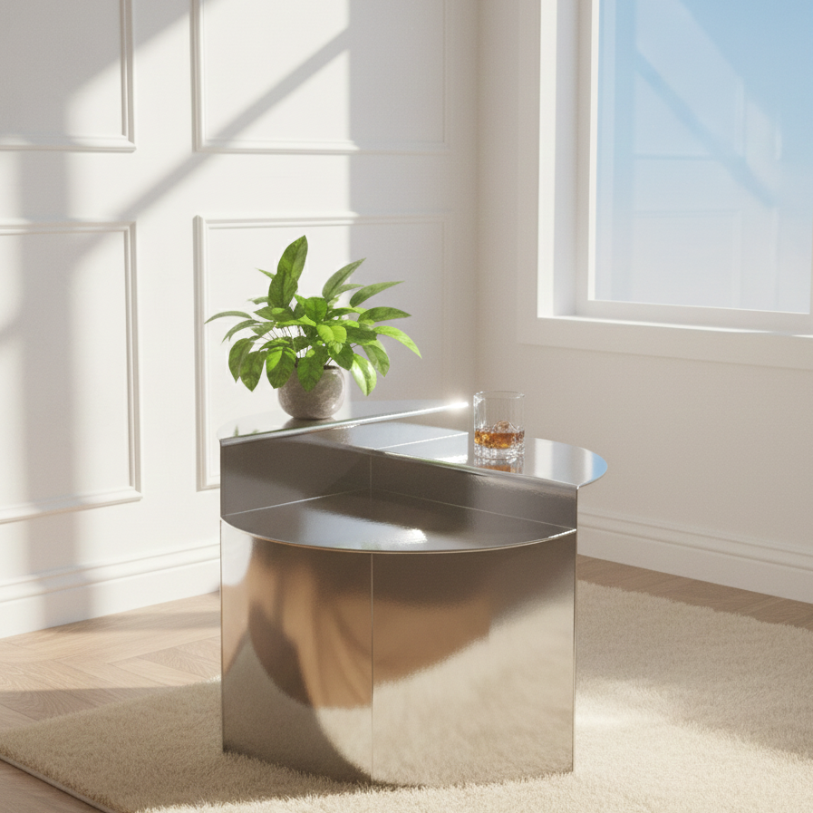 Modern metallic side table with a plant and glass in a bright room.