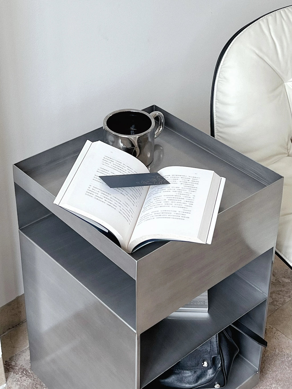 Bauhaus Minimalist Metal Side Table styled with a book