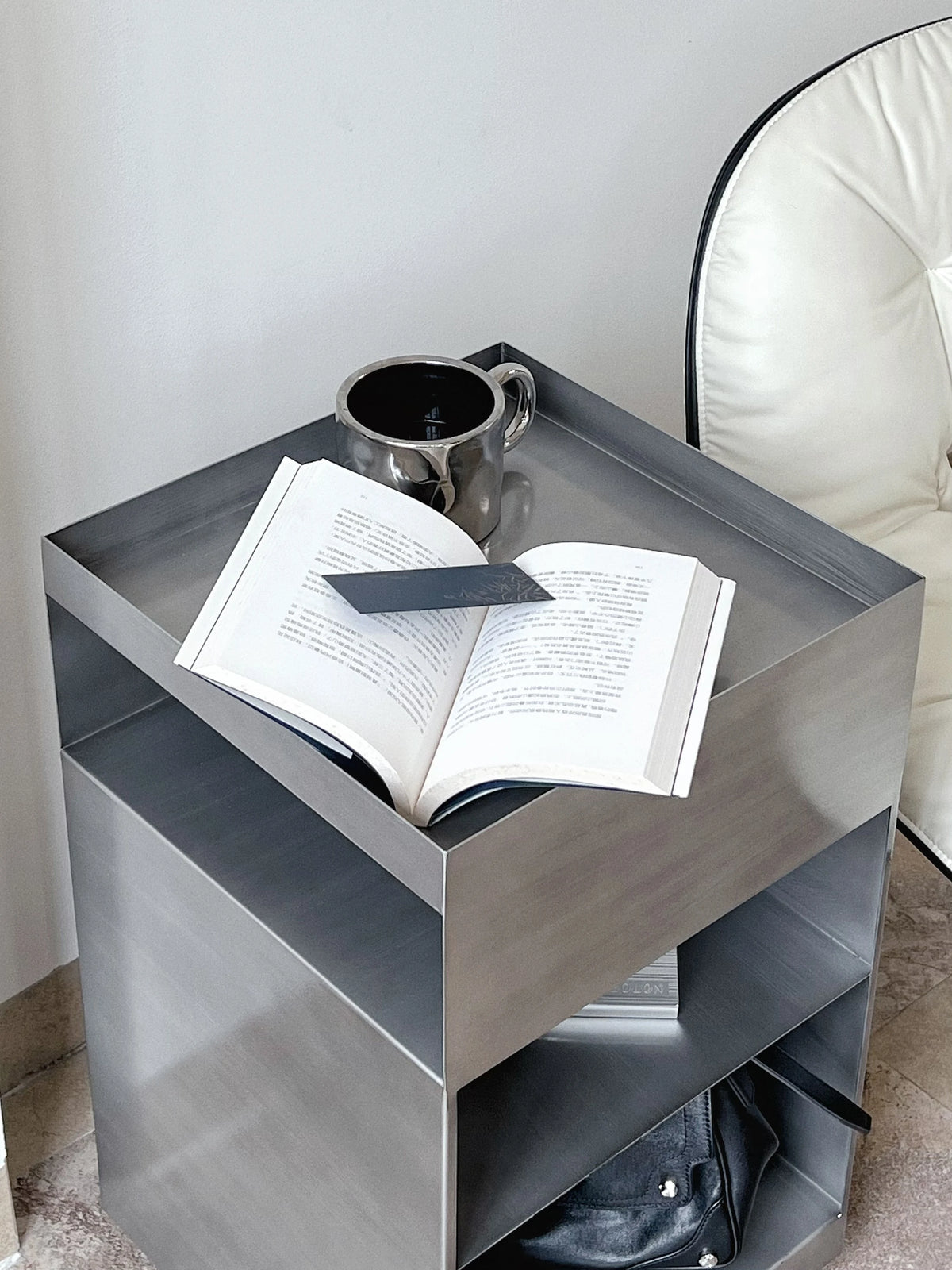 Bauhaus Minimalist Metal Side Table styled with a book