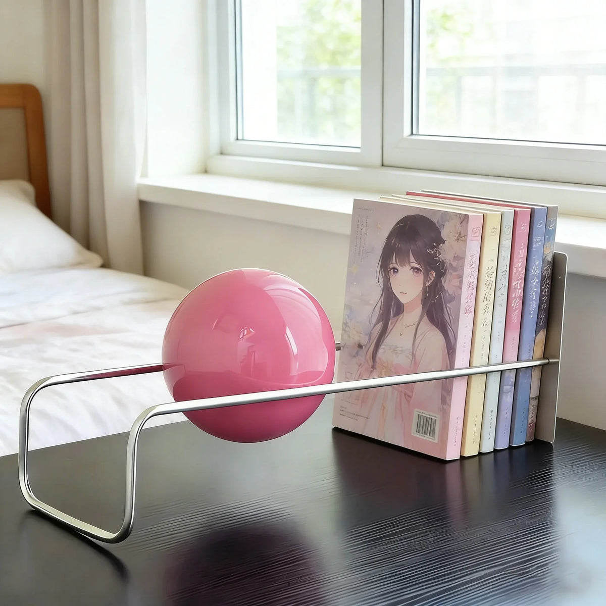 Sculptural Metal Desktop Organiser with a pink sphere and books