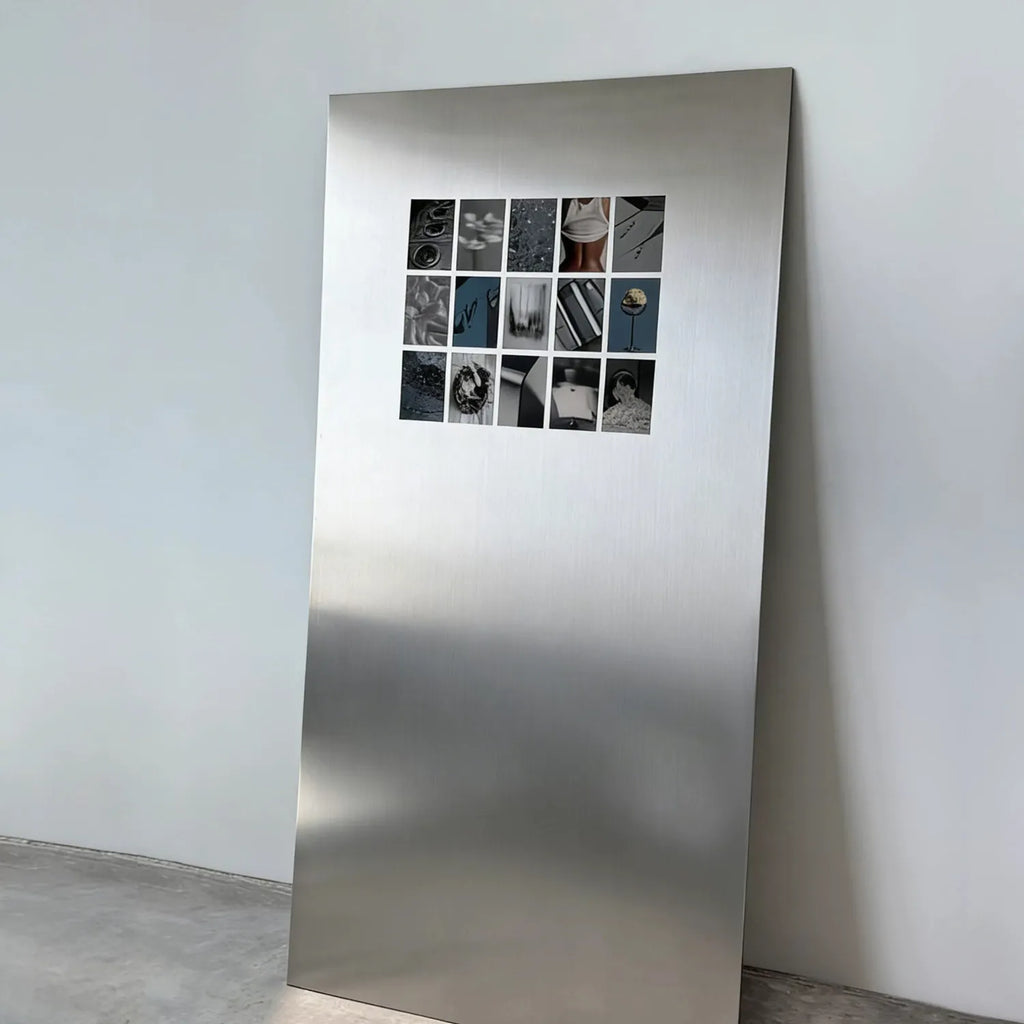 Frameless Stainless Steel Wall Art styled with books and decor
