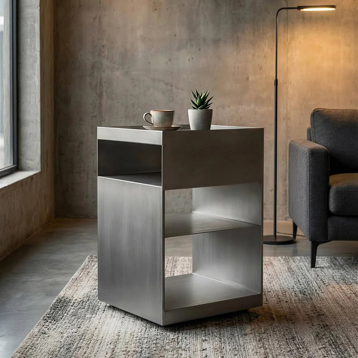 Bauhaus Minimalist Metal Side Table in a concrete-walled room