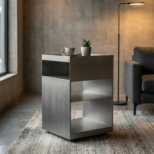 Bauhaus Minimalist Metal Side Table in a concrete-walled room