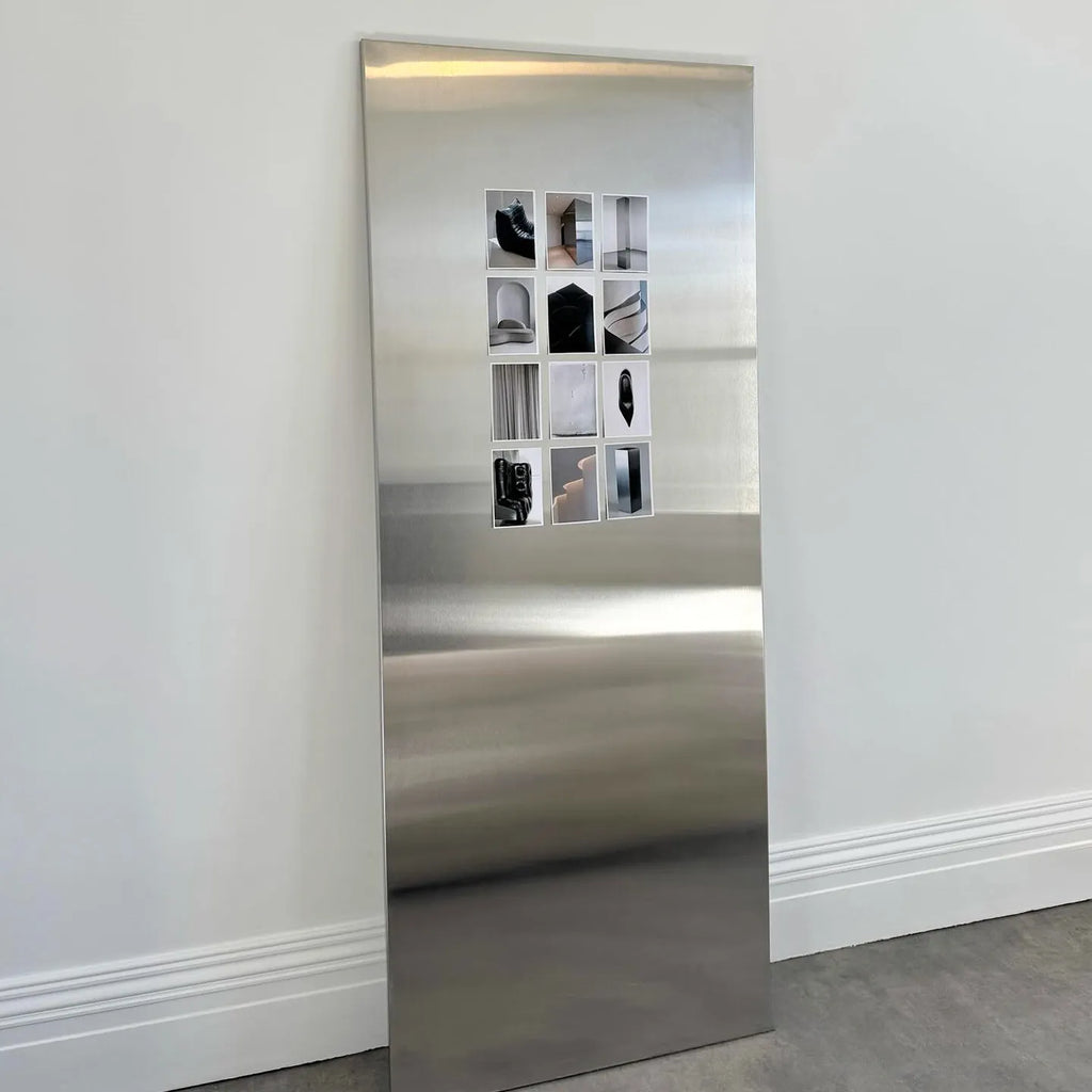 Frameless Stainless Steel Wall Art styled in a modern living room