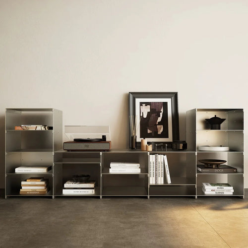 Bauhaus Modular Stainless Steel Shelf styled with books and a frame