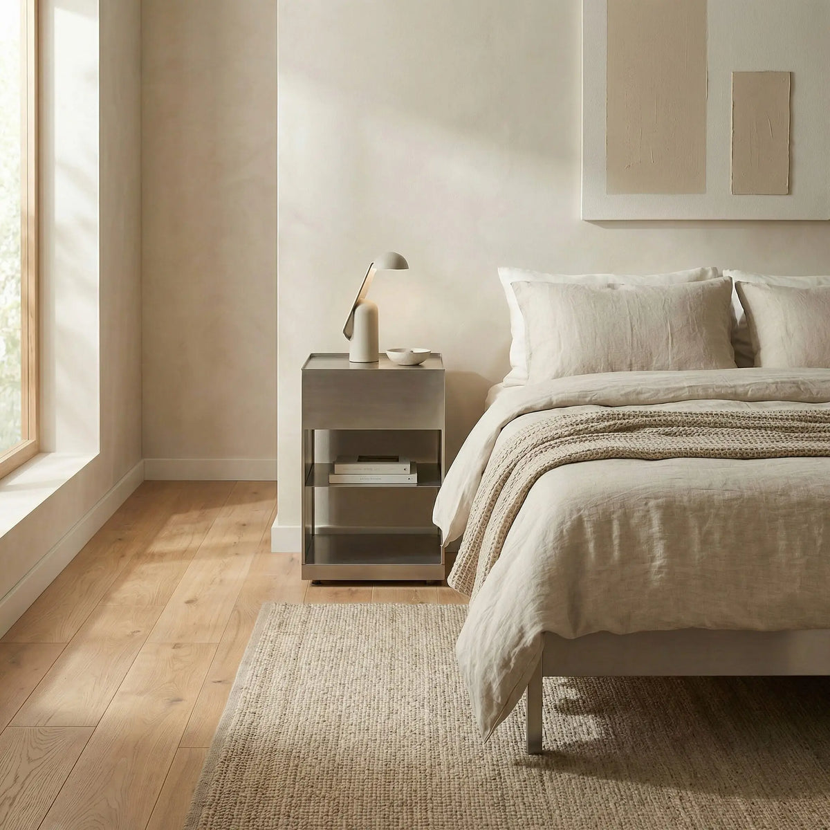 Bauhaus Minimalist Metal Side Table in a bright bedroom