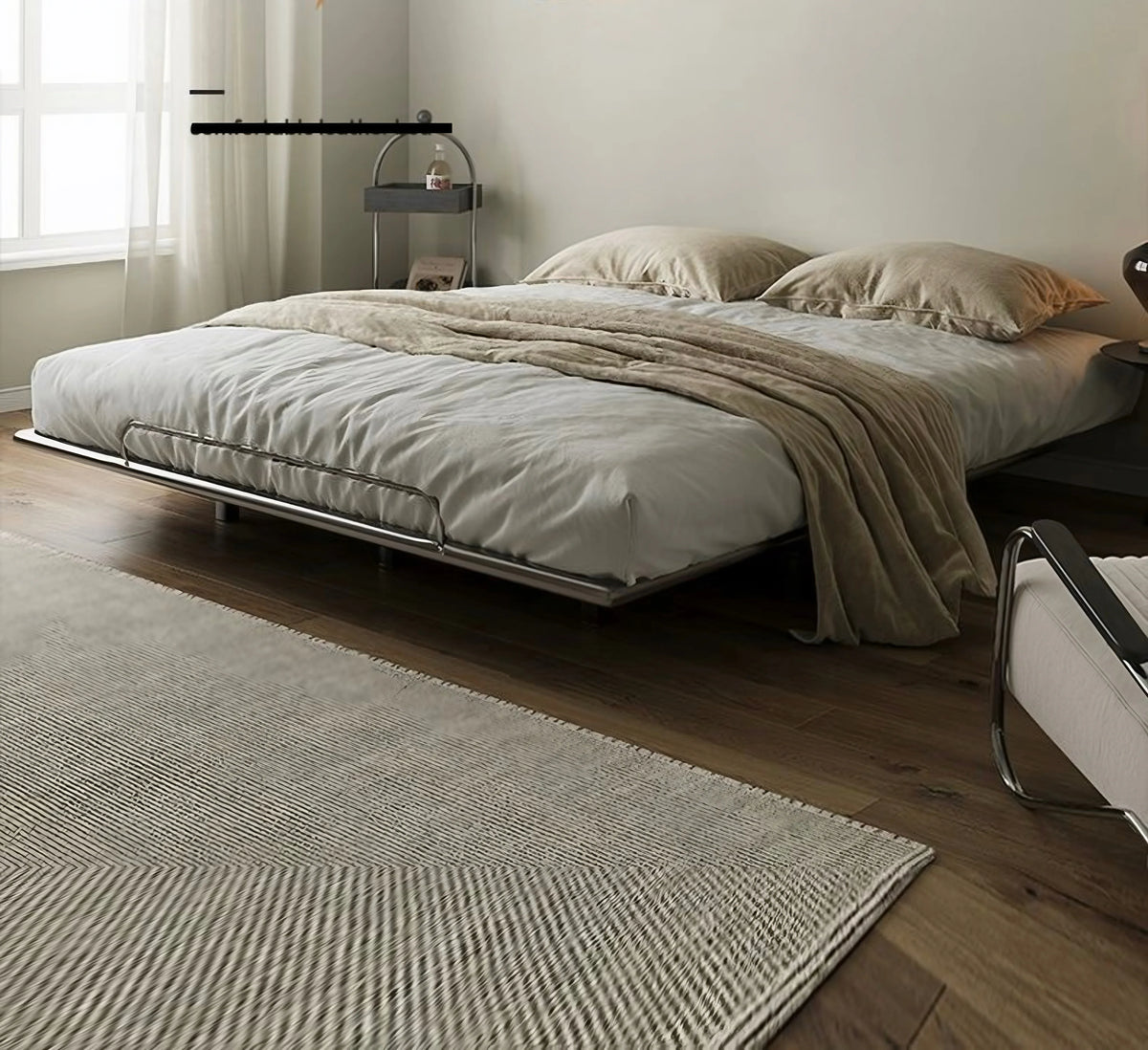 Floating Stainless Steel Bed Frame in a bright, styled room