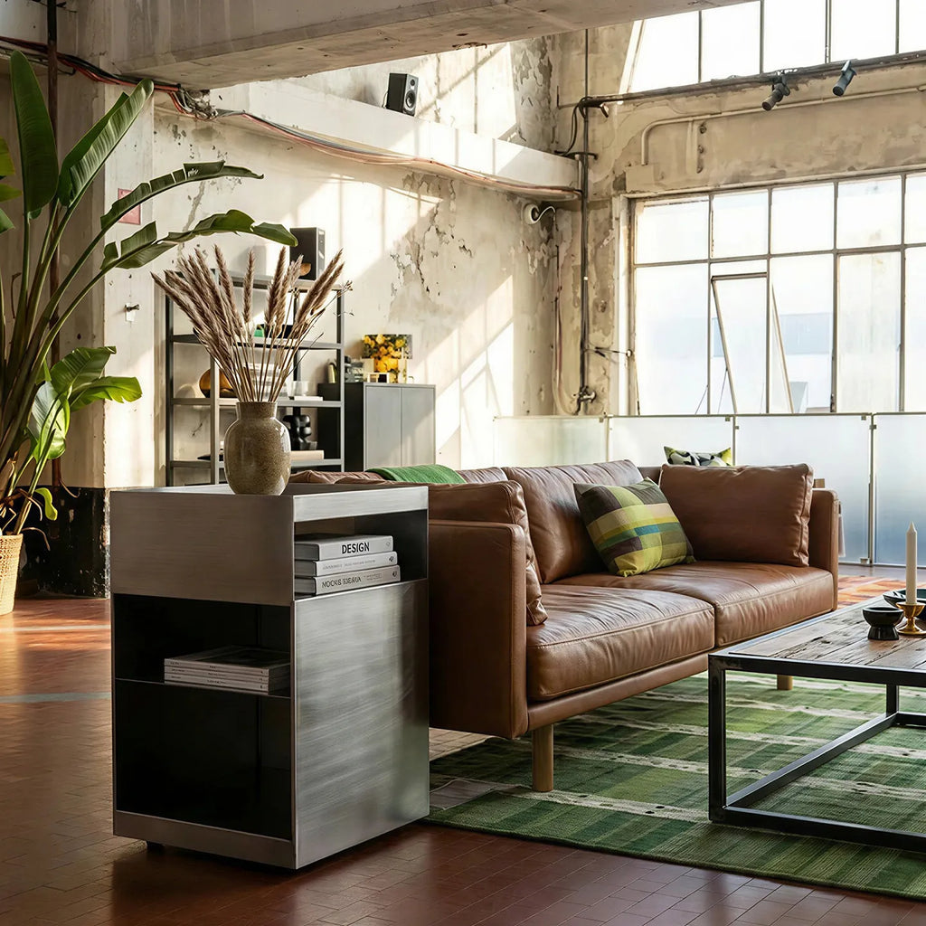 Bauhaus Minimalist Metal Side Table in an industrial loft