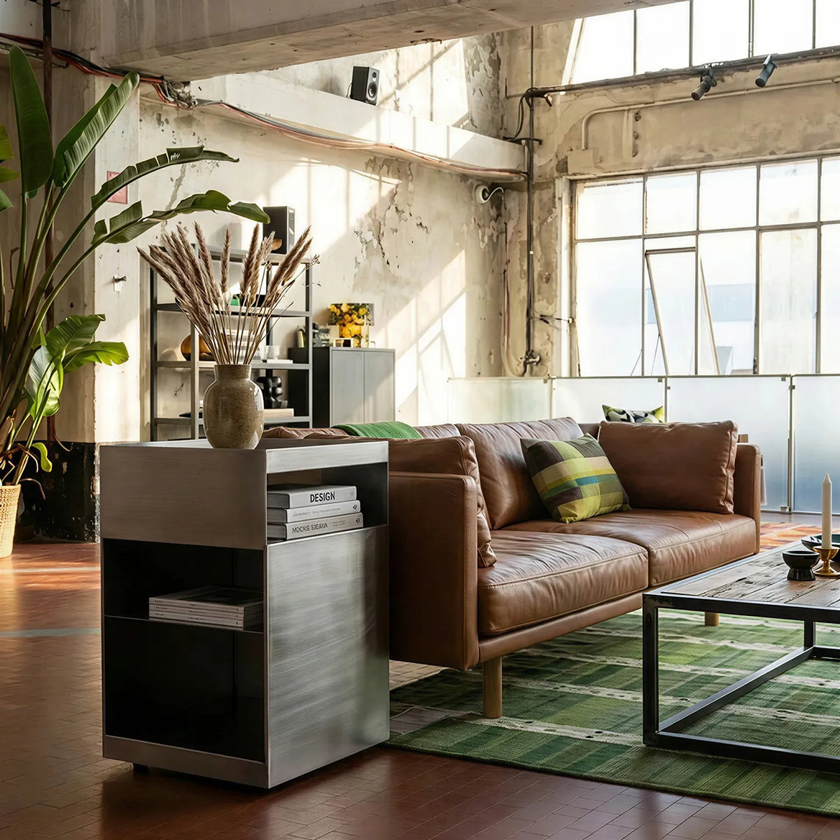 Bauhaus Minimalist Metal Side Table in an industrial loft