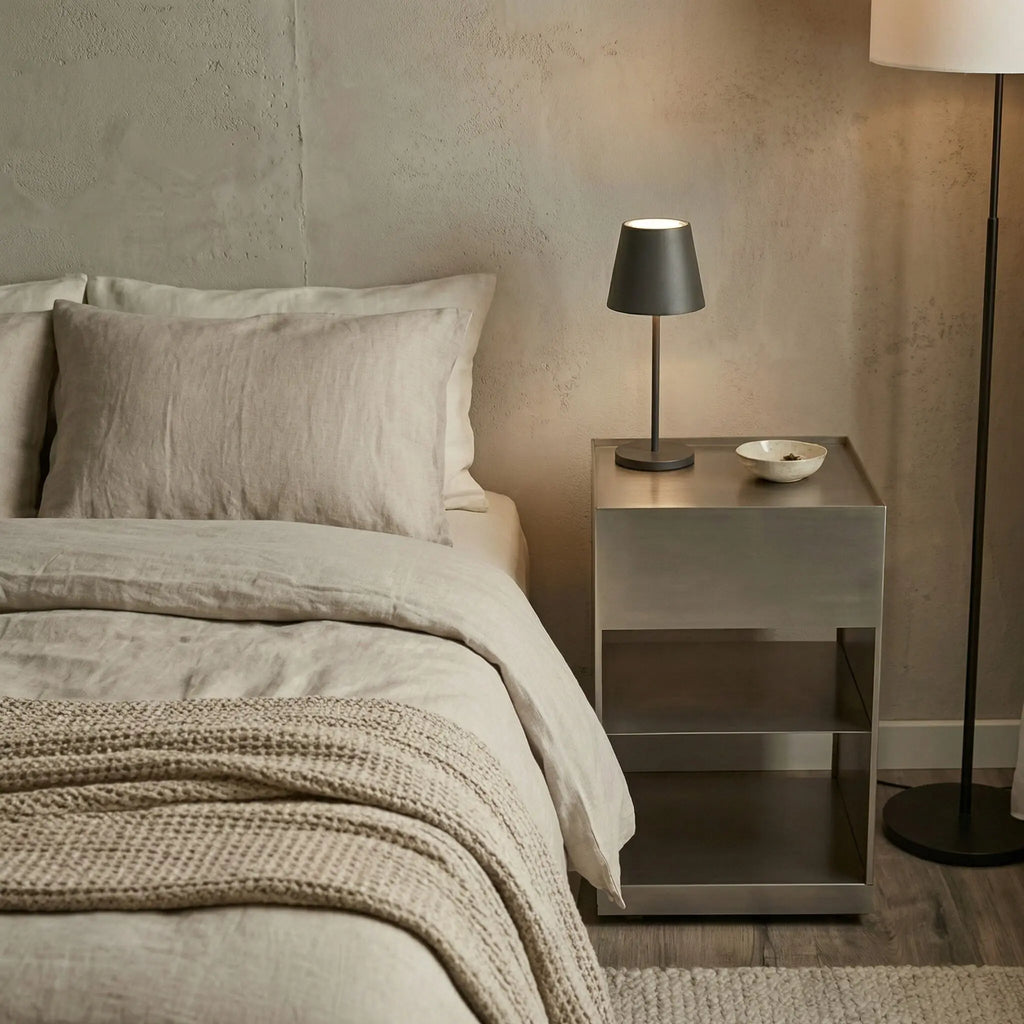 Bauhaus Minimalist Metal Side Table next to a made bed