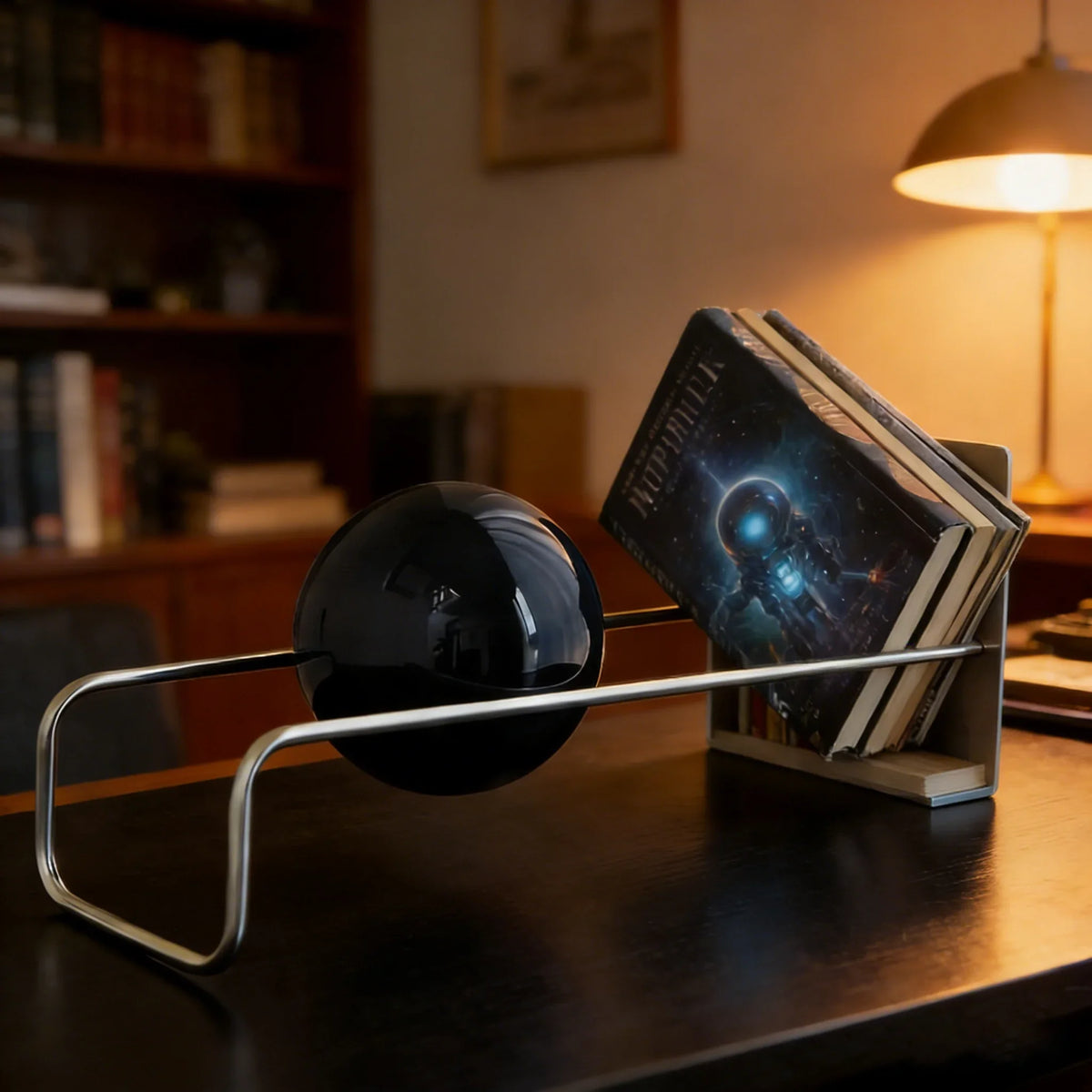 Sculptural Metal Desktop Organiser with a black sphere bookend