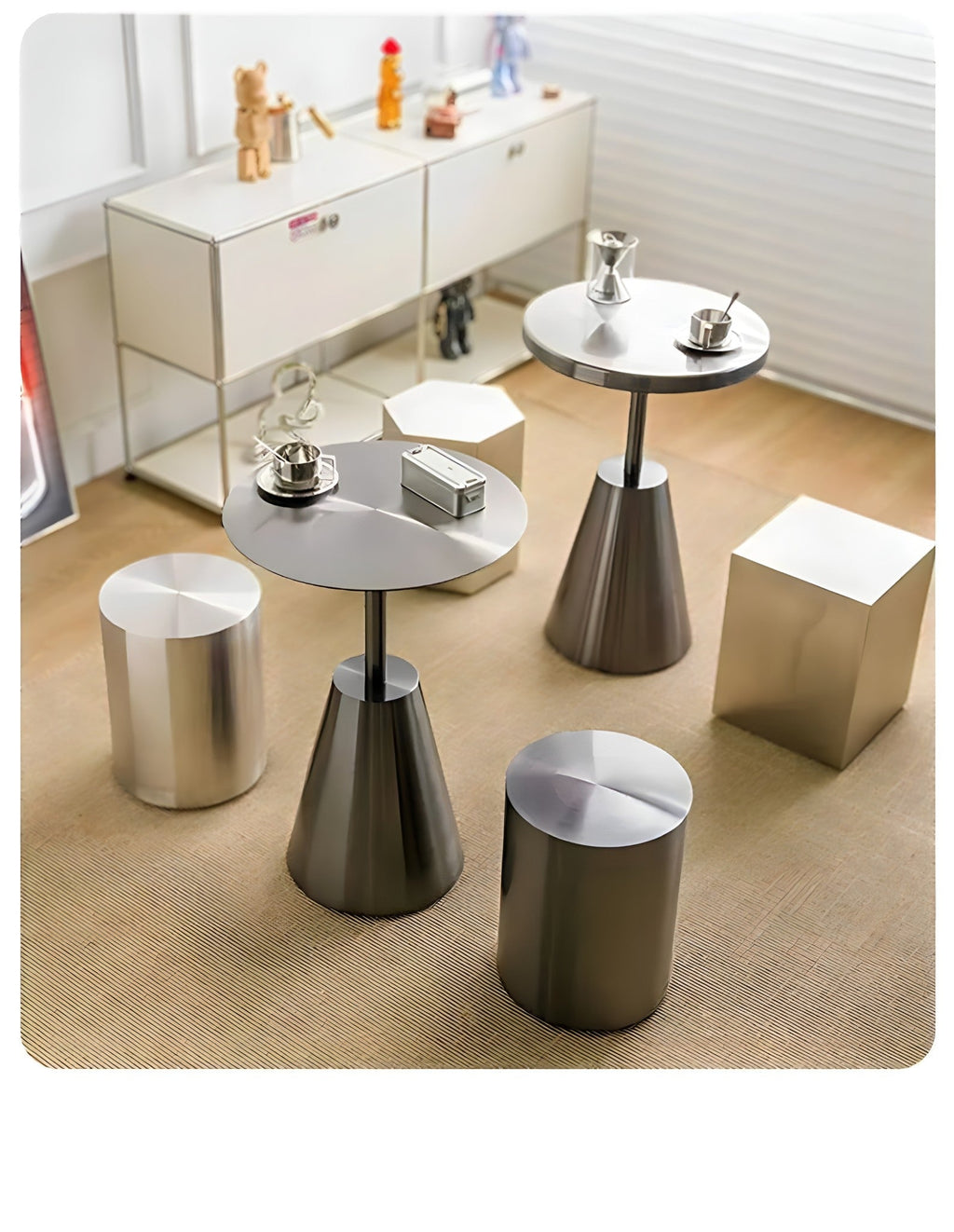 Round Mirror-Polished Stainless Steel Stool, view 7